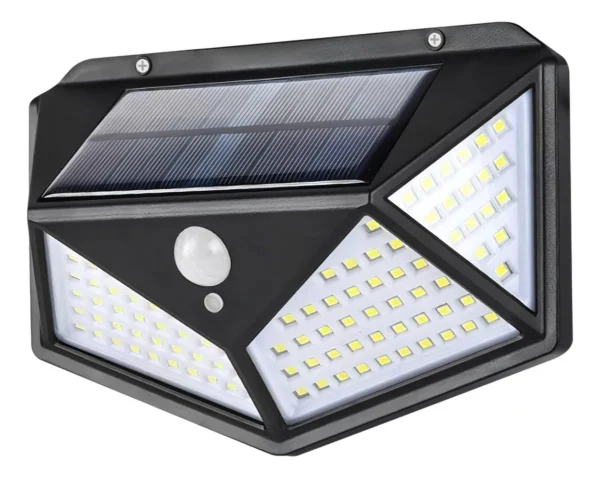 Lámpara solar exterior con 100 luces LED, sensor de movimiento y panel solar integrado.