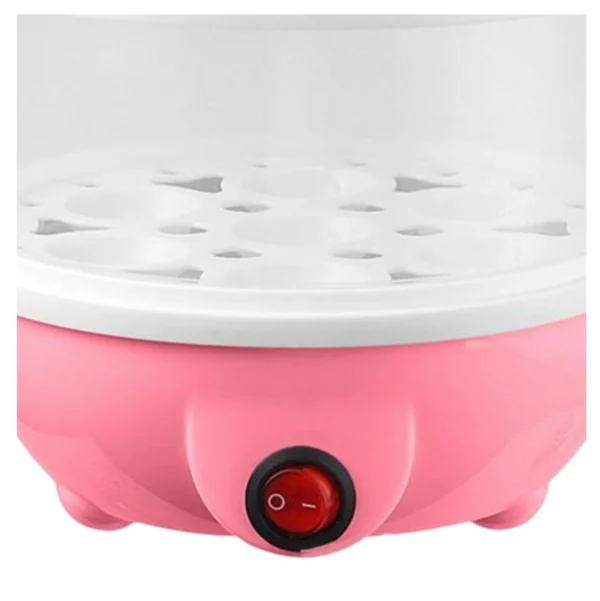 Hervidor eléctrico multifunción para 14 huevos, color rosa, con interruptor rojo.