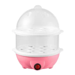Hervidor de 14 huevos eléctrico multifunción rosado con dos niveles y tapa transparente.