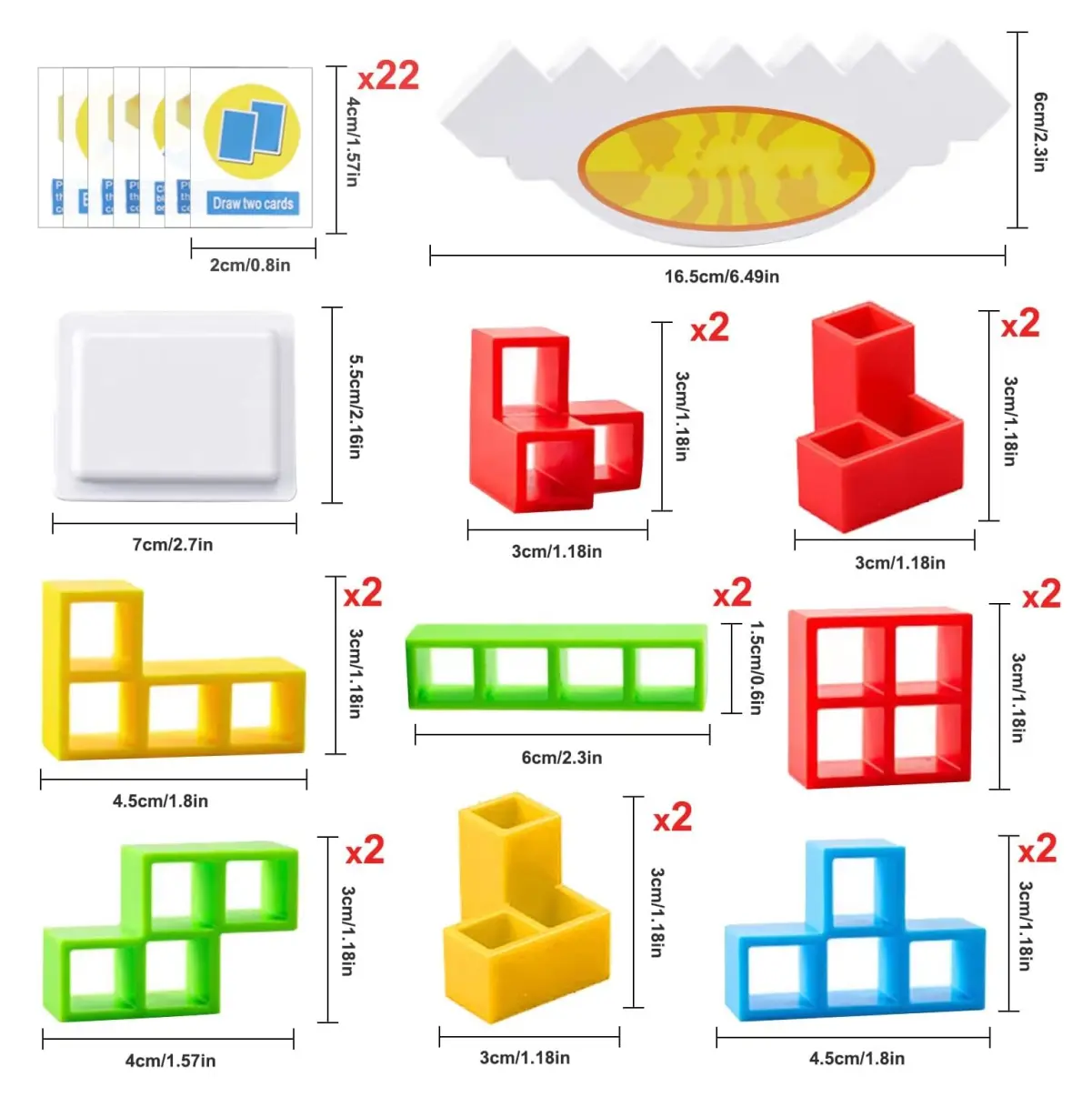 Juego de equilibrio de torre Tetra con piezas de colores y soporte.