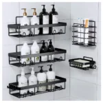 Esquinero de baño con organizador adhesivo, 5 piezas, estantes negros para ducha y jabonera.