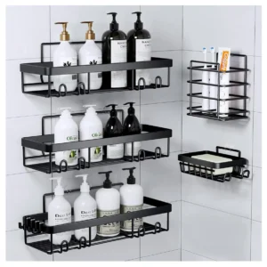 Esquinero de baño con organizador adhesivo, 5 piezas, estantes negros para ducha y jabonera.