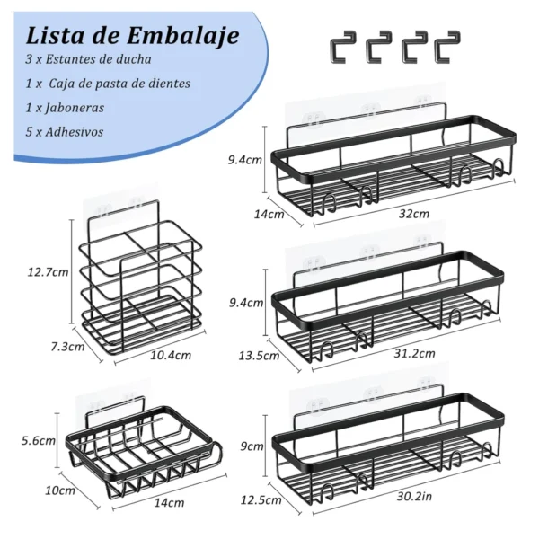 Esquinero de baño adhesivo de 5 piezas para organizar ducha y jabonera.