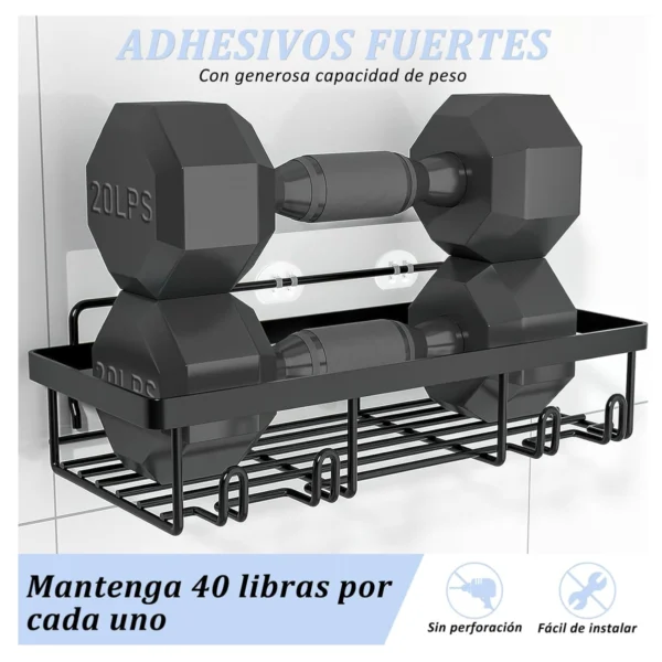 Esquinero de baño organizador adhesivo con mancuernas de 20 libras, soporta 40 libras.