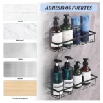 Esquinero de baño adhesivo con organizador para shampoo y jabón, diseño moderno.