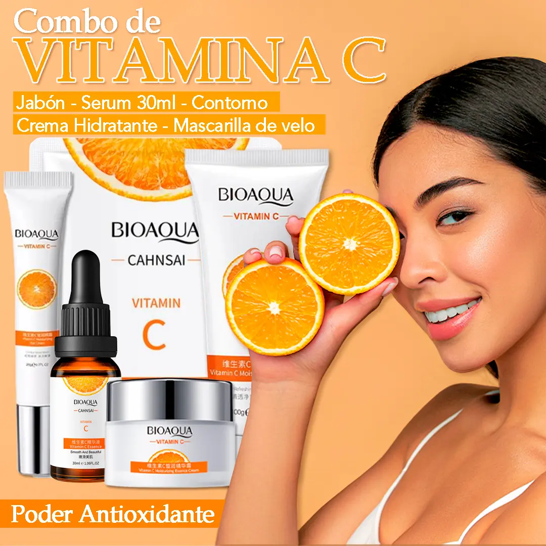 Combo Vitamina C Bioaqua: jabón, serum, contorno, crema hidratante y mascarilla.