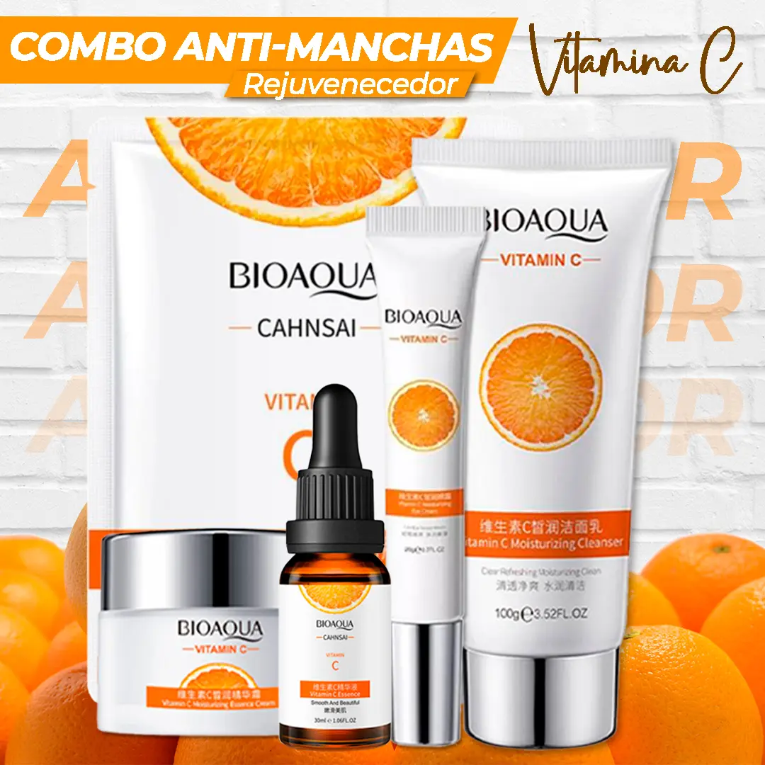 Combo Vitamina C Bioaqua x5: crema, serum y limpiador facial con extracto de naranja.