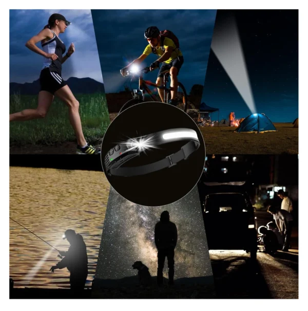 Linterna frontal con sensor de movimiento para running, ciclismo, camping y pesca nocturna.