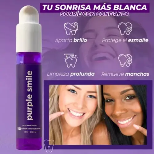 Espuma Morada Purple Smile: realza el brillo, protege esmalte, limpia y remueve manchas para una sonrisa radiante.