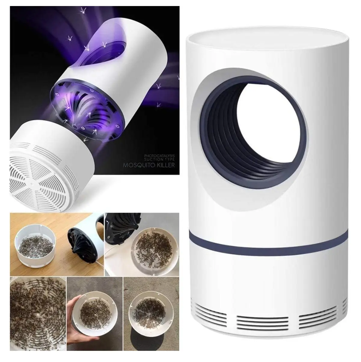 Lámpara mata mosquitos Zancudos luz UV, con succión, captura 24/7, diseño moderno, fácil de limpiar.