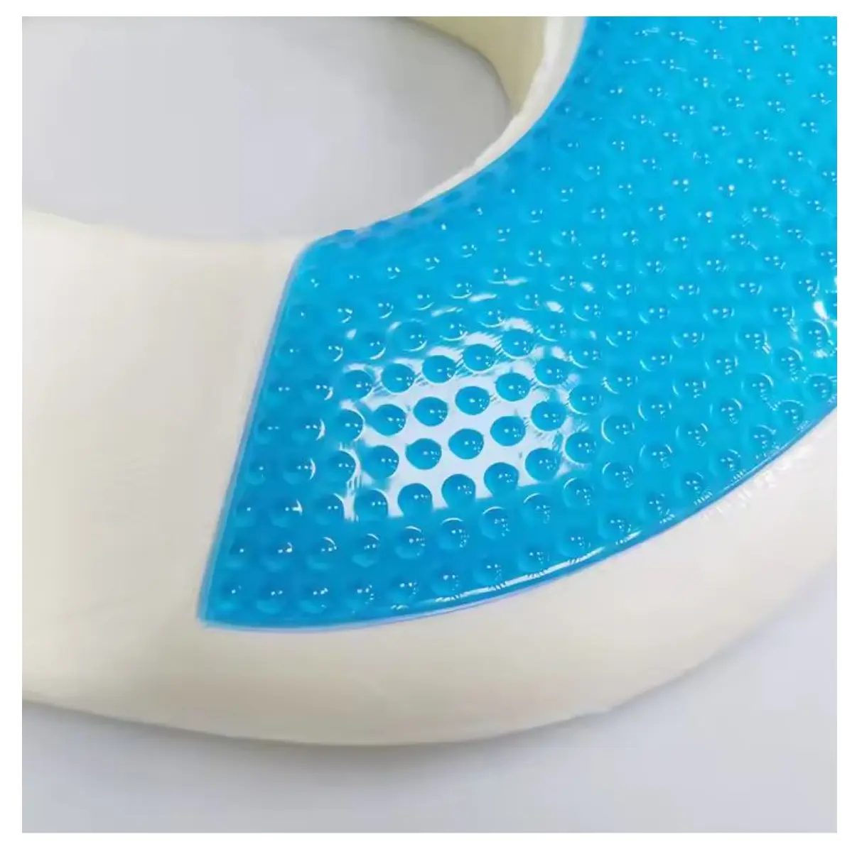 Cojín de espuma viscoelástica con gel para cóccix en forma de dona, azul y blanco.