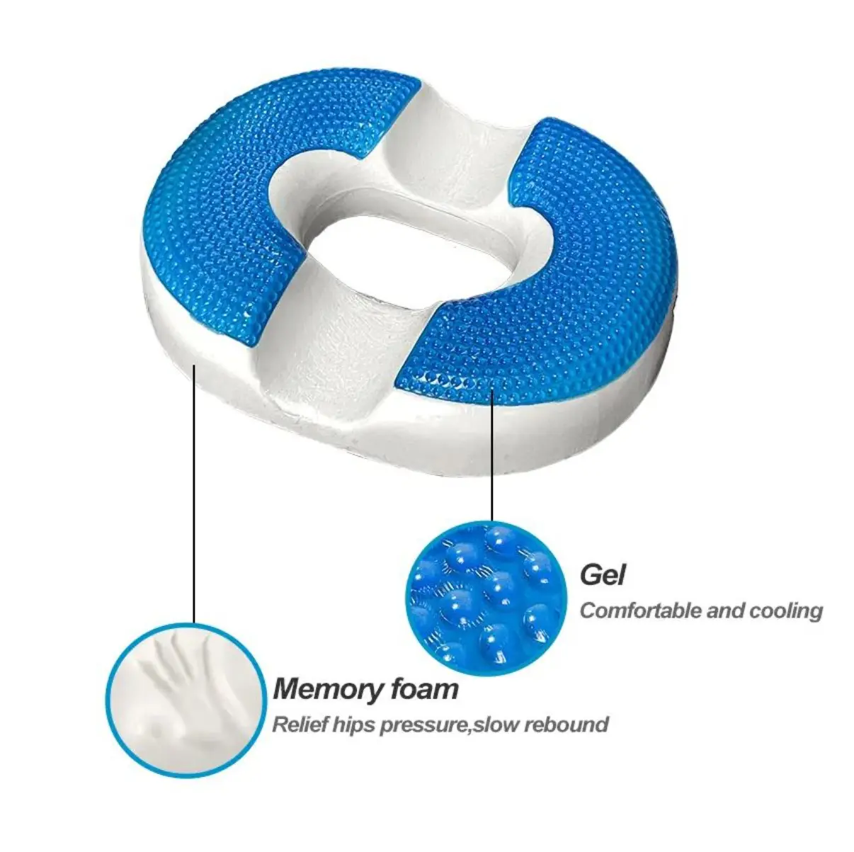 Cojín Coxis Dona de espuma viscoelástica y gel para alivio y confort.