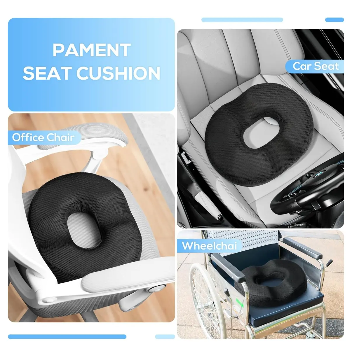 Cojín de Coxis Dona de Espuma Viscoelásticagel en silla de oficina, auto y silla de ruedas.