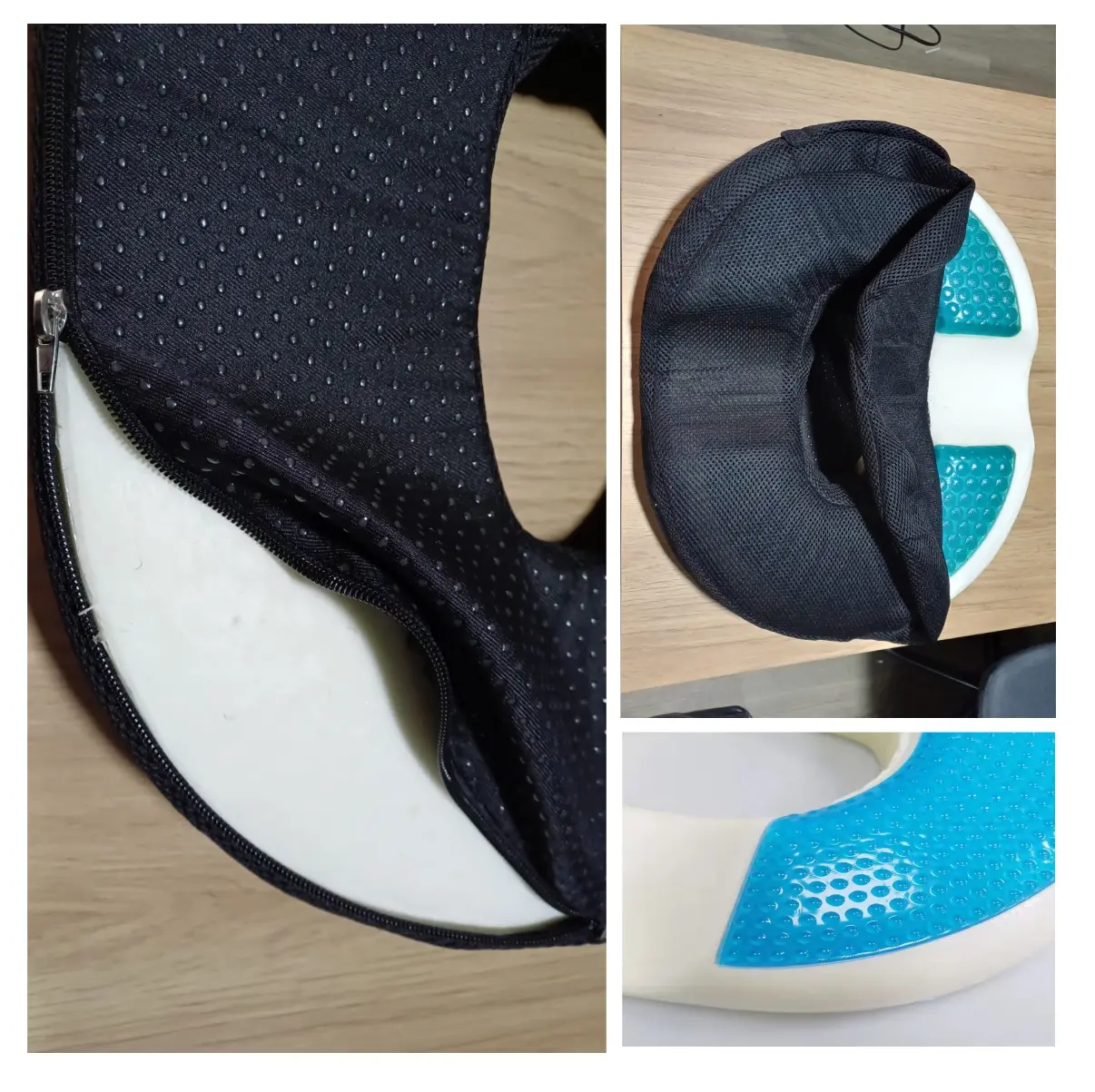 Cojín de espuma viscoelástica con gel, diseño ergonómico y antideslizante, ideal para alivio del dolor de coxis.