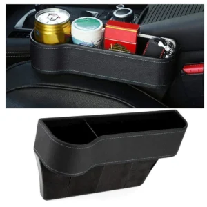 Organizador de carro en cuero negro con portavasos y compartimentos para guardar objetos, diseñado para el asiento del copil…