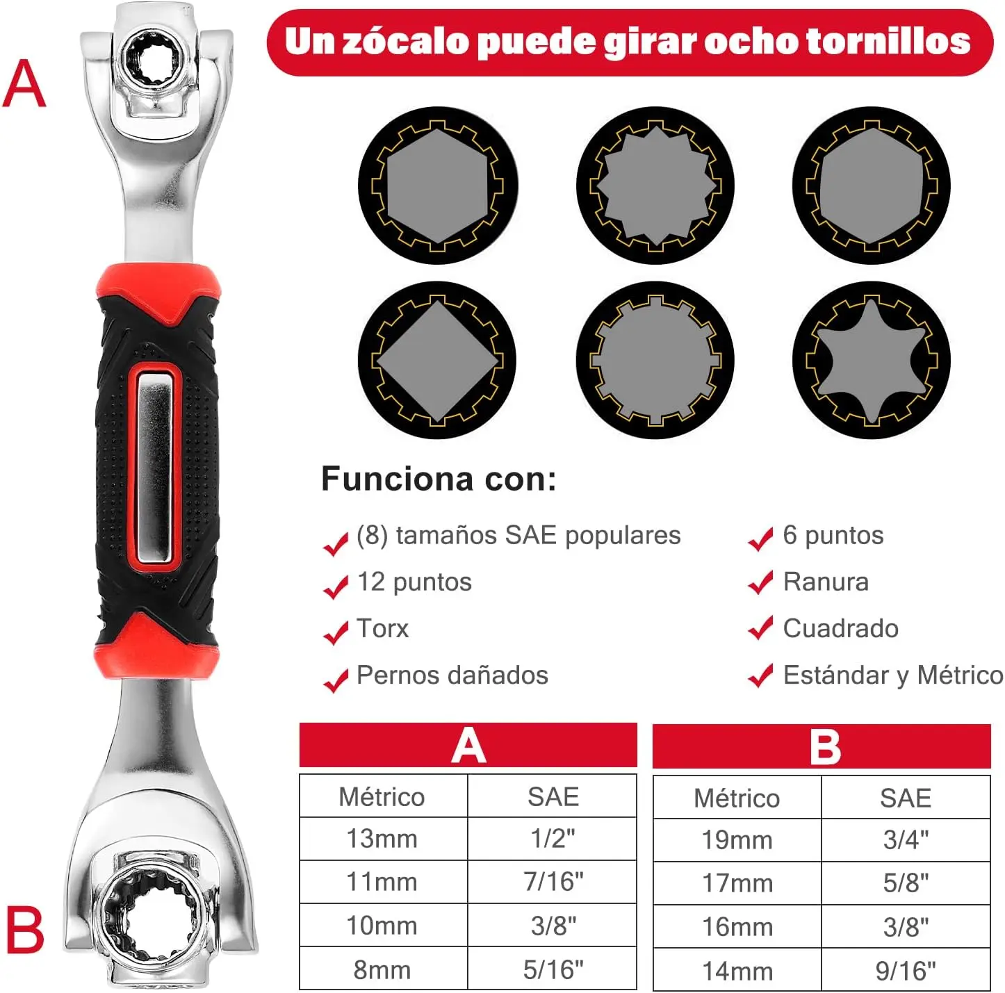 Llave 48 en 1 multifunción para pernos SAE y métricos dañados, 6 y 12 puntas.