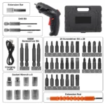 Destornillador 47Pcs con 48 accesorios: brocas, llaves, extensión y cable de carga.