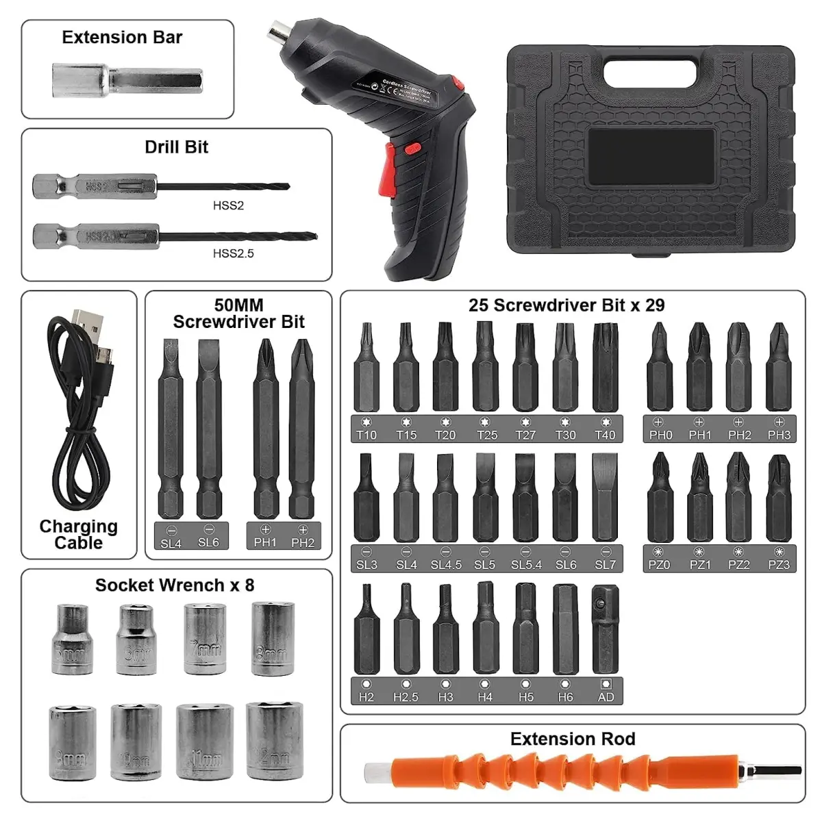 Destornillador 47Pcs con 48 accesorios: brocas, llaves, extensión y cable de carga.