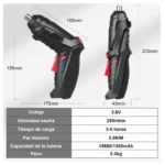 Destornillador eléctrico recargable, 47 piezas, 3.6V, 1300mAh, diseño ergonómico.