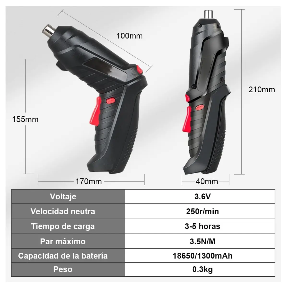 Destornillador eléctrico recargable, 47 piezas, 3.6V, 1300mAh, diseño ergonómico.