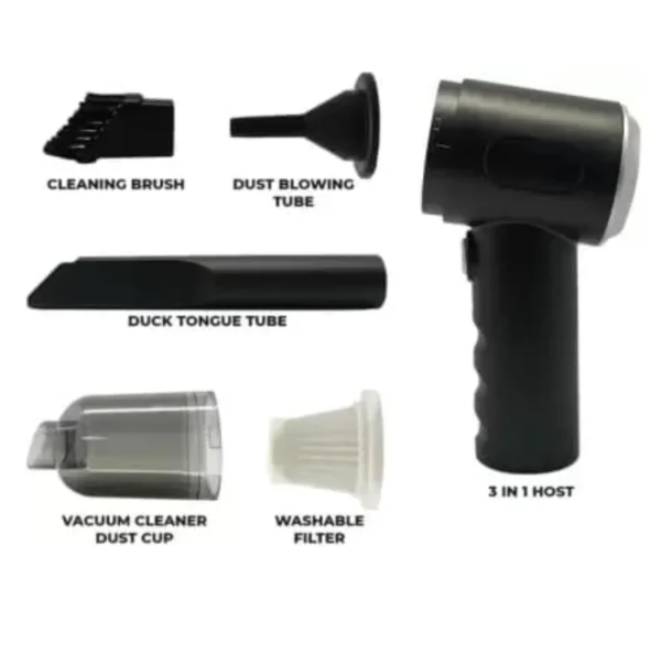 Mini aspiradora de mano portátil 3 en 1 con cepillo limpiador, tubo soplador y filtro lavable.