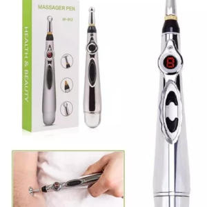 Masajeador electrónico tipo bolígrafo plateado, para terapia de puntos de acupresión en la piel.