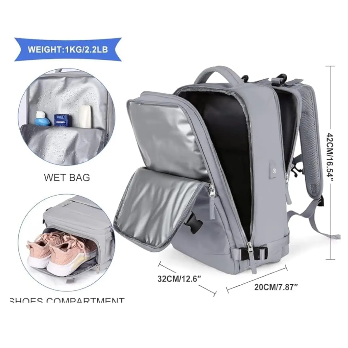 Maleta de cabina gris para viaje con compartimento para zapatos y bolsa impermeable.