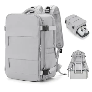 Maleta de viaje gris para cabina con compartimento para zapatos y diseño moderno.