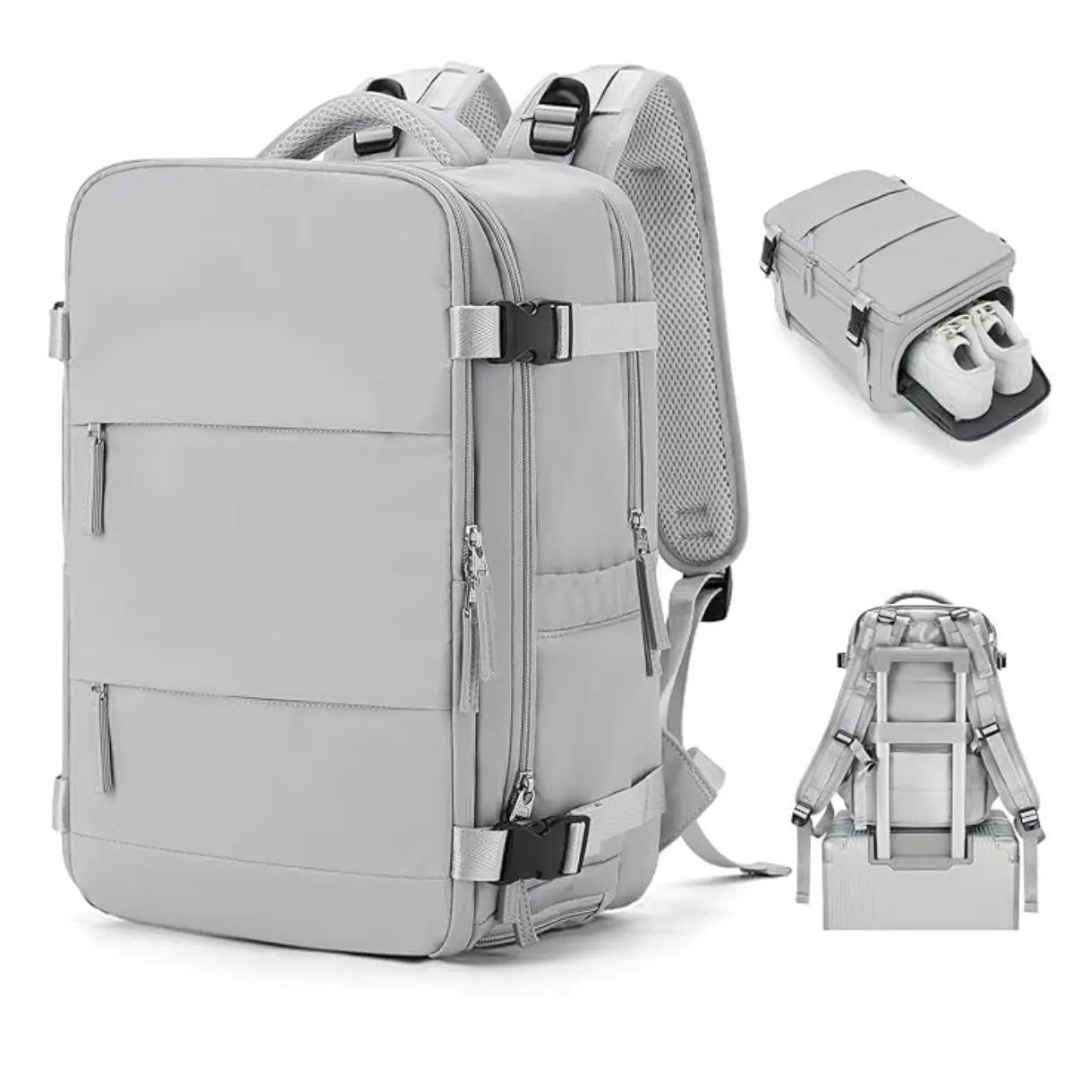 Maleta de viaje gris para cabina con compartimento para zapatos y diseño moderno.