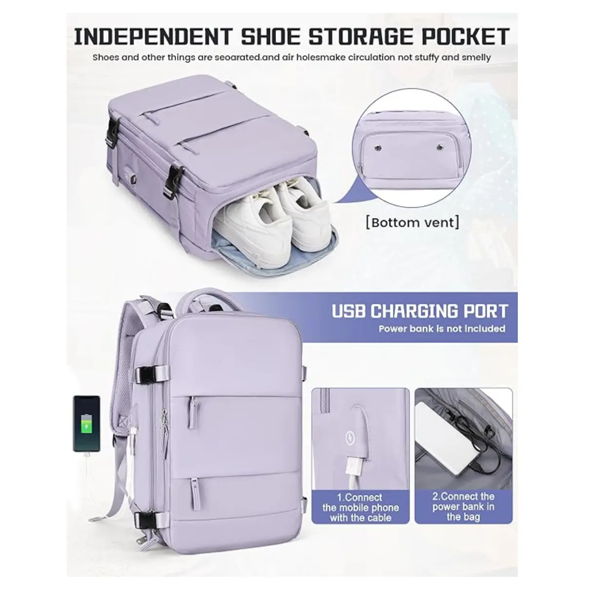 Maleta de viaje cabina morada con compartimento independiente para zapatos y puerto de carga USB.