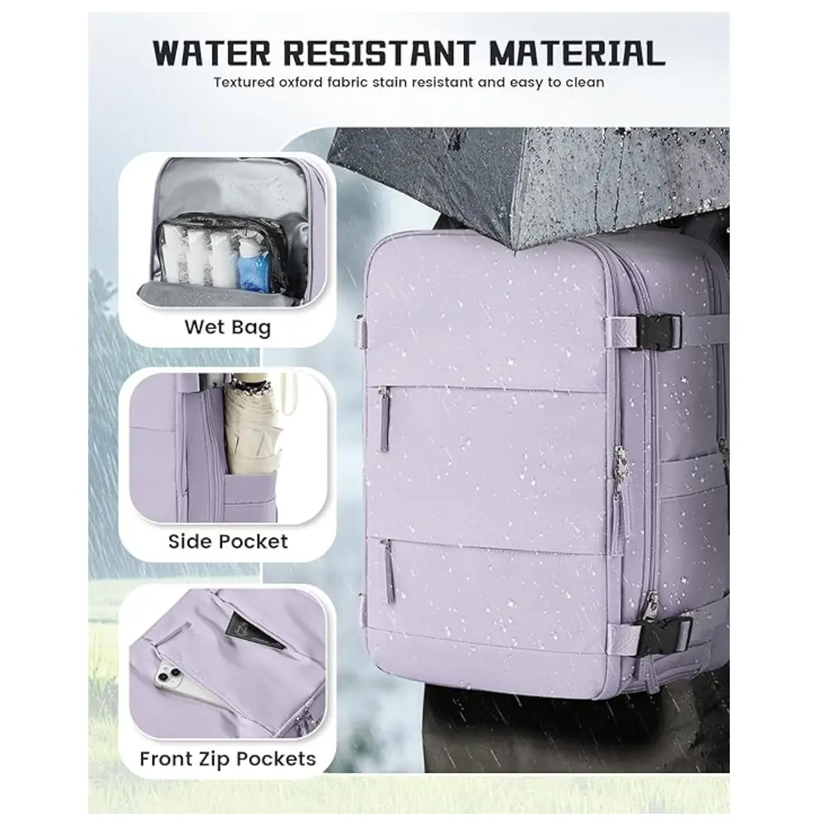 Maleta de cabina para viaje color lavanda con compartimentos para zapatero, húmedos y laterales.