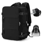 Maleta de cabina negra de viaje con compartimento para zapatos, ideal para aeropuerto.