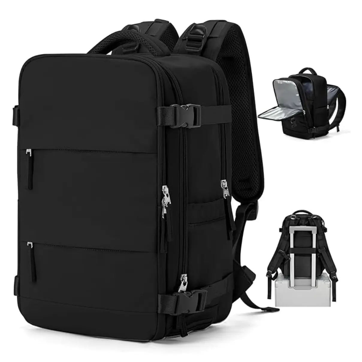 Maleta de cabina negra de viaje con compartimento para zapatos, ideal para aeropuerto.