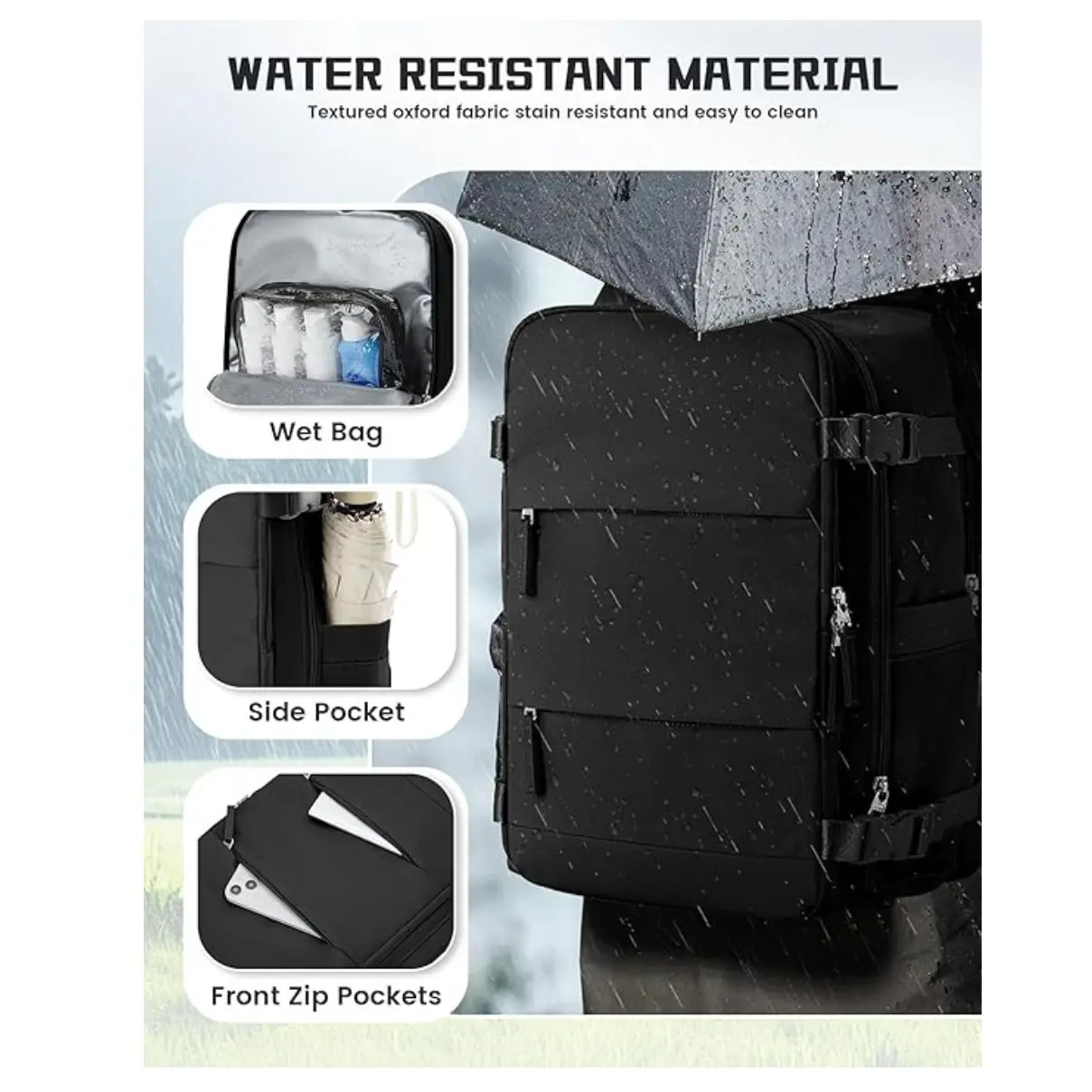 Maleta de cabina de viaje negra con compartimento zapatero, a prueba de agua.