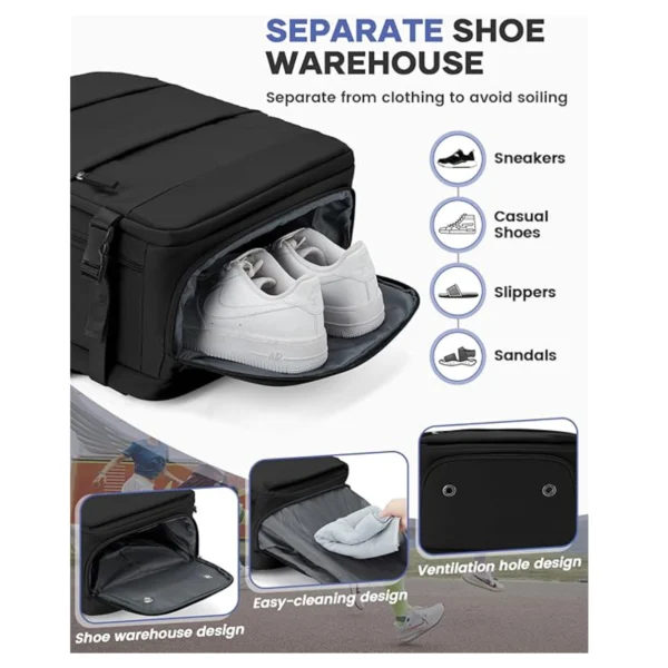 Maleta de viaje cabina negra con compartimento para zapatos y ventilación.