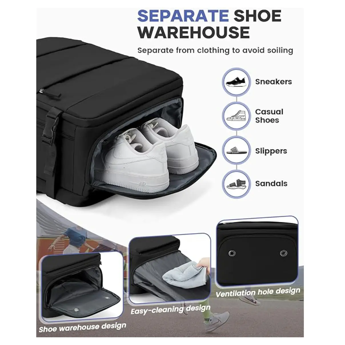 Maleta de viaje cabina negra con compartimento para zapatos y ventilación.