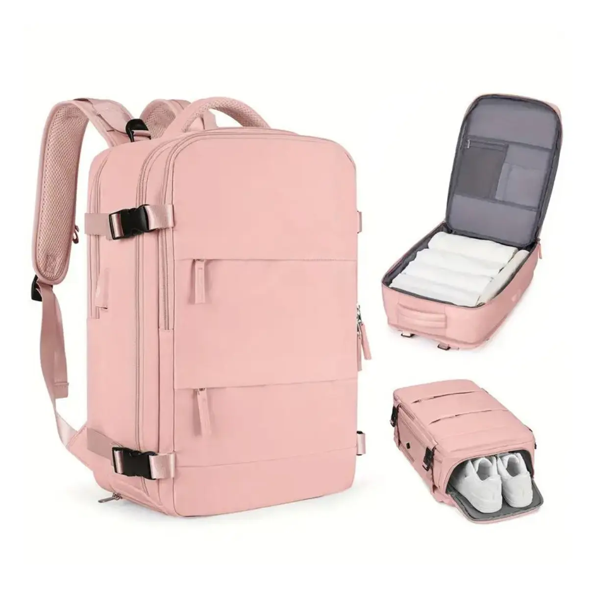 Maleta de cabina rosa para viaje con compartimento independiente para zapatos y espacio para ropa.