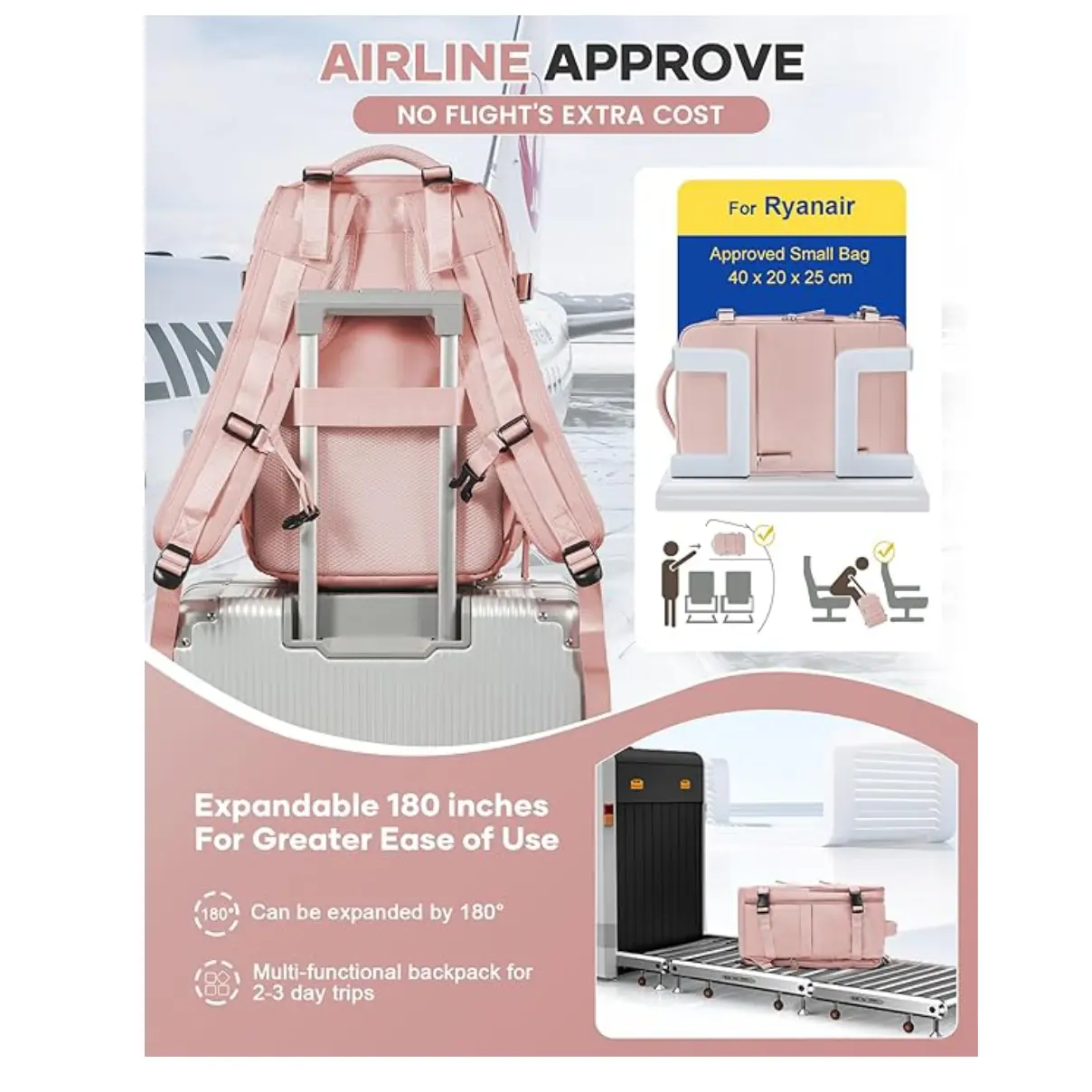 Mochila rosa de cabina para viaje, ideal para 2-3 días, expandible 180°, aprobada para aerolíneas.