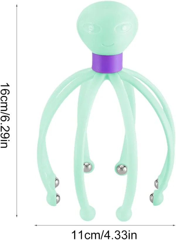 Masajeador de cabeza y cuello con tentáculos flexibles y bolitas metálicas, de color verde menta.