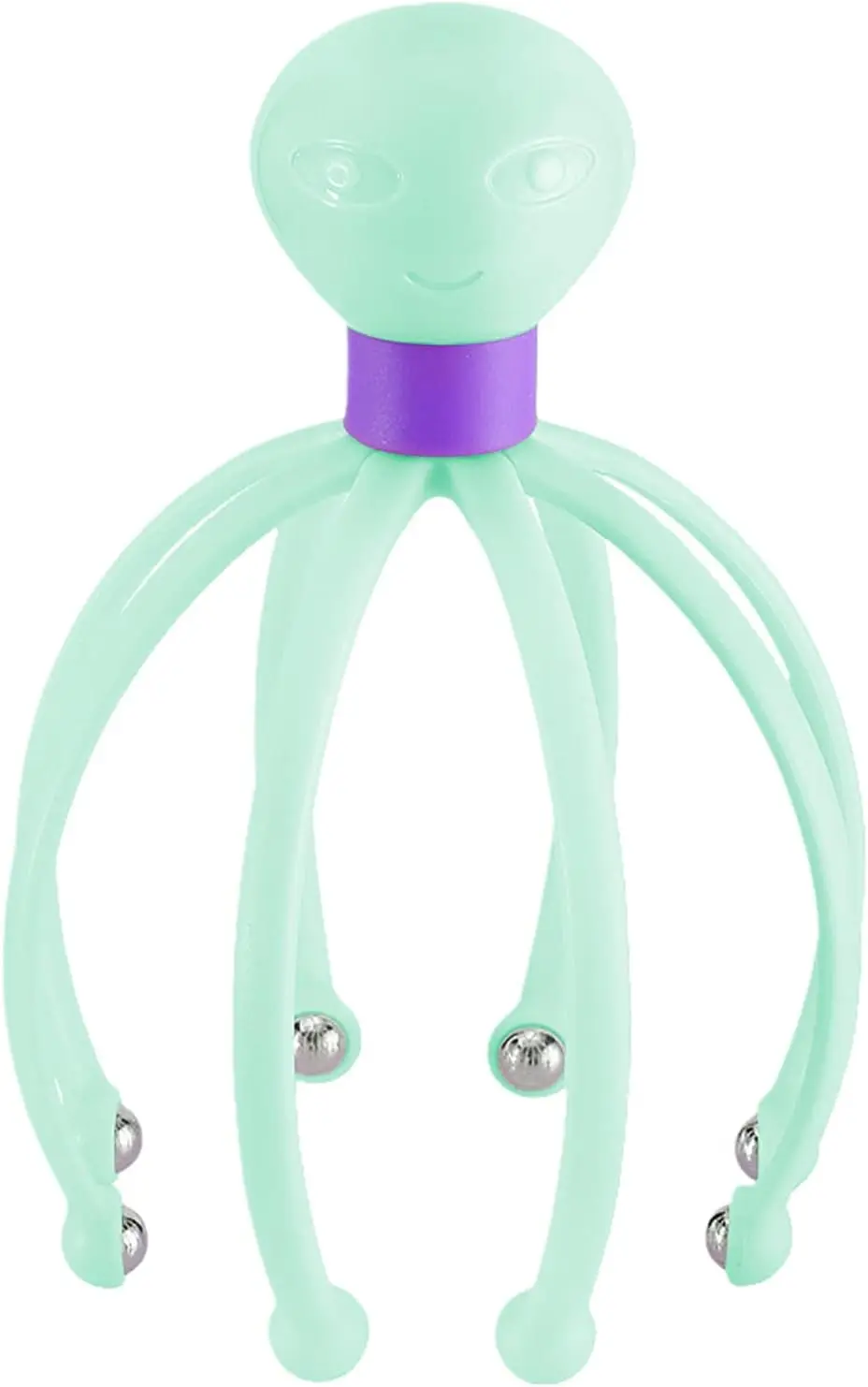 Masajeador de cabeza y cuello con forma de pulpo, color verde menta, con bolitas metálicas.