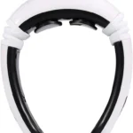 Masajeador de cuello portátil blanco y negro con dos cabezales de masaje.