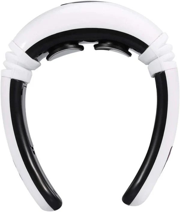 Masajeador de cuello portátil blanco y negro con dos cabezales de masaje.
