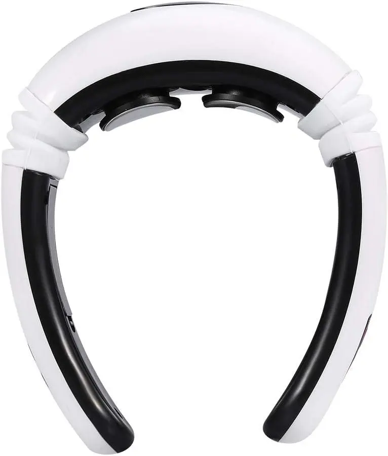Masajeador de cuello portátil blanco y negro con dos cabezales de masaje.