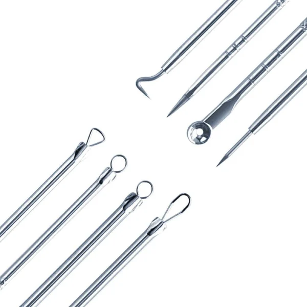 Extractor de espinillas y puntos negros metálicos de precisión para cuidado de la piel.