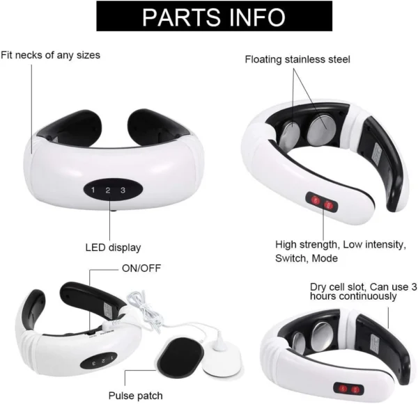 Masajeador de cuello con 2 botones, display LED y parches de pulso.