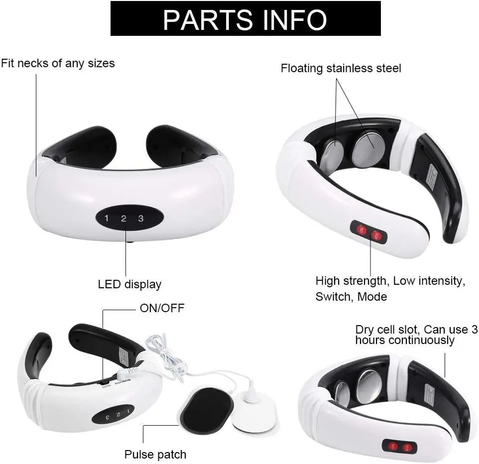 Masajeador de cuello con 2 botones, display LED y parches de pulso.