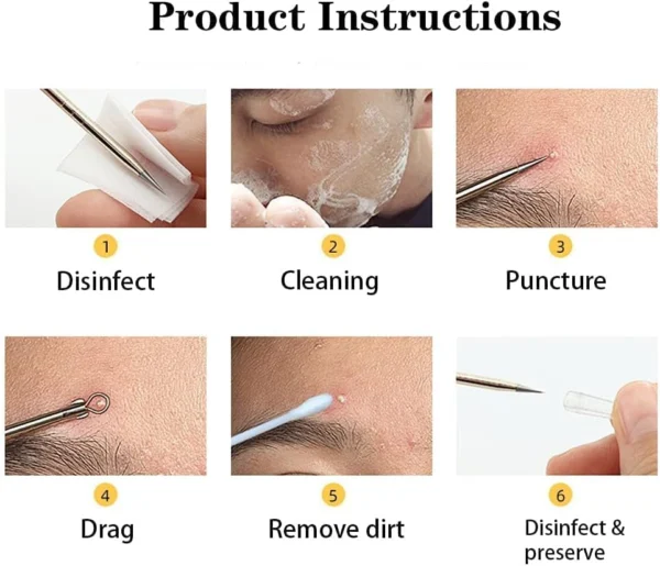 Extractor de espinillas: desinfección, limpieza, punción, arrastre, eliminación de suciedad y preservación.