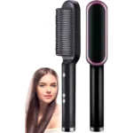 Cepillo secador alisador de cerámica negro con detalle rosa, muestra de cabello liso.