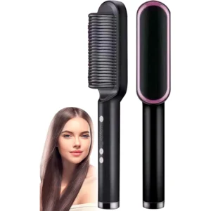 Cepillo secador alisador de cerámica negro con detalle rosa, muestra de cabello liso.