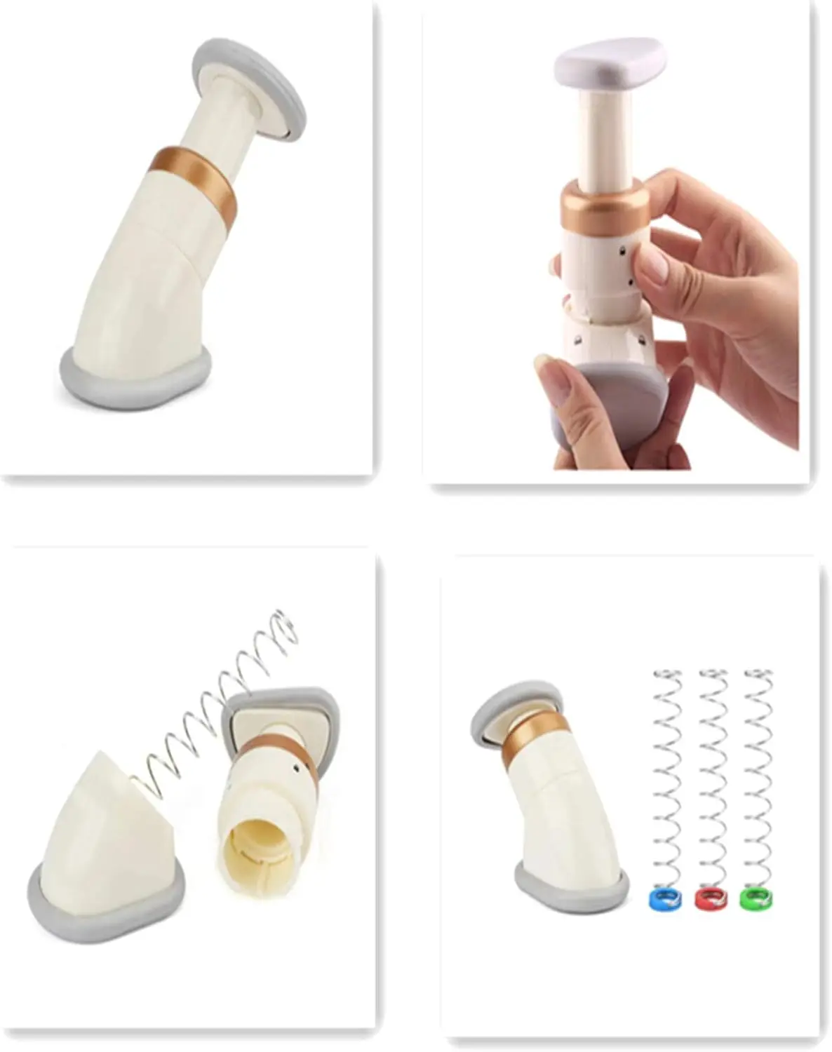 Masajeador reductor de papada: mecanismo con resortes y ajuste manual para ejercitar el cuello.